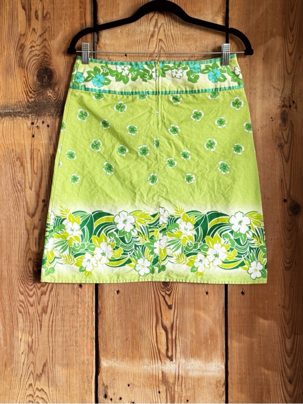 Sz 7 Junior’s Tracy Evans Ltd 100% Cotton Y2K Lime Green Hawaiian Mini Skirt EUC - Picture 2 of 3